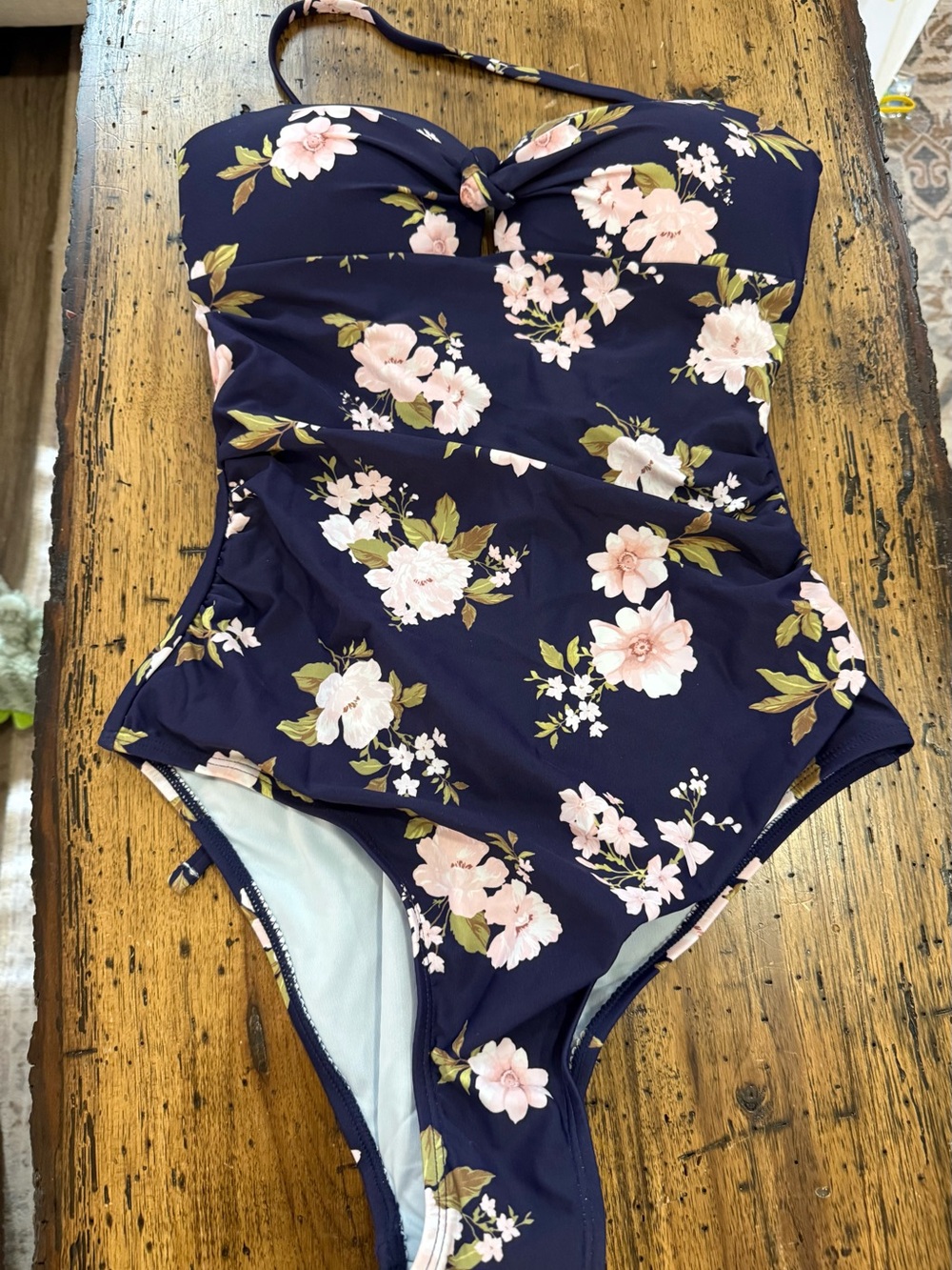 Cupshe Navy Floral Ruched Knot Front One-Piece Swimsuit. NWT